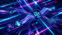 Digital network circuit board with glowing neon blue and purple light trails, interconnected technology icons, and data flow visualization for tech, innovation, and cybersecurity concepts.