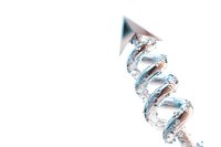 Spiral stream of clear water and air bubbles creating dynamic motion against white background, isolated liquid photography for creative design projects.