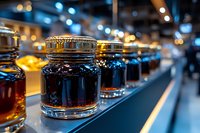 Rows of glass bottles containing amber and dark liquid products on an industrial production line with blurred factory lights in background, suitable for manufacturing, pharmaceutical, cosmetic or beverage industry concepts.