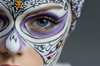 Close up of face art makeup in white and purple colors with ornate details and crystals around eye area on young female model against dark background.