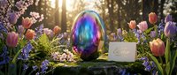 Iridescent Easter egg with holographic gradient surrounded by spring tulips and lilacs in sunlit garden setting with greeting card for holiday celebrations.