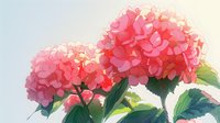 Pink hydrangea flowers in full bloom against soft gradient background, watercolor style artwork with delicate petals and green foliage creates romantic garden atmosphere.