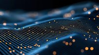 Abstract digital wave of glowing particles with orange light bokeh effects on dark background, flowing dots pattern representing data visualization and technology.