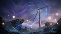 Wind turbine generating clean energy in mystical landscape with glowing orbs and purple aurora effects creating sustainable power fantasy scene.