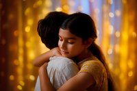 Young Asian woman in yellow dress embracing partner against glowing bokeh lights background creating romantic atmosphere for valentines and special occasions.