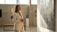 Professional middle-aged Caucasian businesswoman in beige suit admiring abstract artwork in modern gallery space with natural lighting for corporate culture.