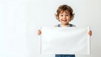 Happy toddler boy with curly brown hair holding blank white paper sign for customizable message on neutral background.