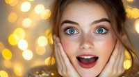 Young woman with fair skin, freckles, and blue eyes expressing surprise or excitement with hands on cheeks against warm golden bokeh lights background.