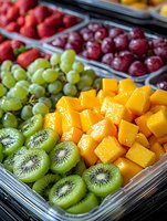 Fresh colorful fruit platter with sliced kiwi, mango cubes, green and red grapes, and strawberries arranged in sections, showcasing vibrant healthy food choices.