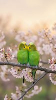 Two green budgerigars perched together on a flowering branch surrounded by delicate pink blossoms in soft natural light, suitable for wildlife and nature themes.