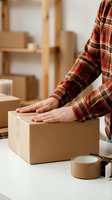 Worker in red plaid shirt packing cardboard box with tape for shipping, storage, moving, or e-commerce fulfillment operations.