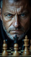 Intense close-up portrait of mature Caucasian male with blue eyes and stubble beard looking at chess pieces, dramatic lighting emphasizes determined expression.