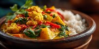 Aromatic vegetarian curry with cauliflower, spinach and bell peppers served over steamed rice in rustic wooden bowl for healthy cooking and dining.
