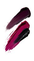 Artistic smears of dark purple, magenta and black lipstick or cosmetic texture on white background, makeup product swatches showing color and texture.