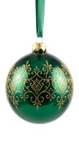 Elegant green Christmas ornament with gold decorative pattern hanging on ribbon isolated on white background for holiday decorating and seasonal design.