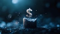 Dollar sign made of water splashing upward from dark surface against blue bokeh background, symbolizing financial liquidity and wealth dynamics.