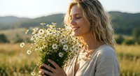 Young blonde woman smelling wildflower bouquet in golden hour sunlight with mountain landscape background. Natural beauty and peaceful countryside moment.