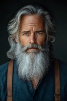 Portrait of mature Caucasian male with long gray beard and hair wearing blue henley shirt and leather suspenders against dark background, dramatic lighting highlights facial features.