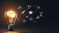 Glowing light bulb with brain inside connected to network of business and technology icons on dark background representing innovation and smart solutions.