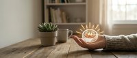 Hand holding glowing compass icon above wooden desk with plant and coffee mug in bright home office workspace for navigation and direction concepts.