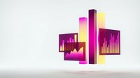 Modern gradient business charts and graphs floating in 3D space with purple yellow color scheme for financial analytics presentations and reports.
