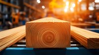 Wooden lumber beam with visible growth rings on construction site with warm sunlight and industrial warehouse background for building projects.
