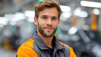 Young male professional in orange safety vest and gray collar uniform smiling confidently in industrial workplace setting with blurred background.