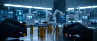 Scientist hands in black gloves examining amber glass vials on lab table with robotic arm and monitors in dark blue lit research facility.
