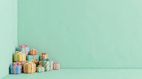 Colorful wrapped gift boxes stacked in corner on mint green background, ideal for holiday, birthday, celebration, and retail marketing campaigns.