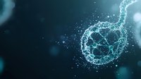 Glowing blue molecular structure in plexus style with particles and connecting lines on dark background, scientific concept visualization for medical research.