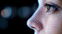 Futuristic digital grid projection on woman face profile with glowing eye against dark background for technology and artificial intelligence concepts.