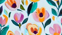 Vibrant floral pattern with pink and orange blooms against white background, featuring teal leaves in modern abstract style. Seamless repeat for fabric and wallpaper.