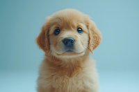 Adorable golden retriever puppy with bright blue eyes and fluffy fur looking directly at camera against soft turquoise background, expressing innocence and curiosity.