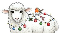 Adorable white sheep decorated with colorful Christmas ornaments and robin bird perched on back, festive holiday cartoon illustration isolated on white.