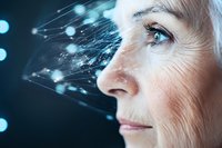 Senior woman with blue eyes in profile view against dark background with glowing network connections and digital particles representing artificial intelligence.