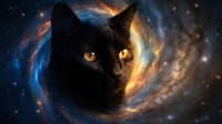 Black cat with bright orange eyes emerging from cosmic spiral galaxy with stars and nebula colors creating mystical space portal effect for fantasy designs.