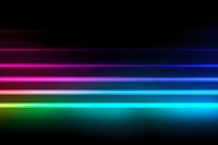 Vibrant horizontal neon light streaks in rainbow colors against black background create dynamic motion effect, suitable for technology and entertainment designs.