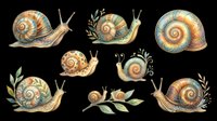 Watercolor snails with ornate patterned shells, isolated on transparent background. Great for stickers, clipart, t-shirt design, print on demand, and sublimation projects.
