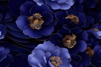 Deep navy blue paper flowers with golden centers create dramatic floral composition against dark background, elegant decorative arrangement for luxury design projects.
