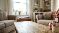 Hands holding steaming mug in cozy living room with wooden table, comfortable seating, and natural light from window. Relaxation and home comfort concept.