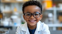 Young African American boy wearing eyeglasses and white lab coat smiling in laboratory setting, suitable for educational, scientific, and healthcare marketing materials.