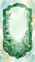 Watercolor frame with green foliage, gold border, and botanical leaves isolated on white background. Suitable for invitations, cards, and design projects.