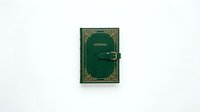 Vintage green leather journal with ornate golden decorative border and metal clasp closure on white background for writing and note-taking projects.