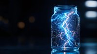 Glowing electric lightning bolt captured inside glass mason jar against dark background, creating magical energy visualization effect for creative design projects.