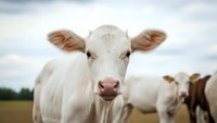 White dairy cow with pink nose looking directly at camera in pastoral farm field with herd grazing in background under cloudy sky for agriculture content.