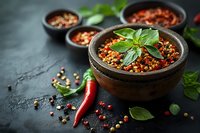 Aromatic mix of colorful peppercorns and chili peppers in rustic clay bowls garnished with fresh bay leaves on dark textured background, culinary spices concept.