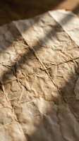 Ancient stone surface with carved grid pattern and weathered texture illuminated by warm sunlight creating dramatic shadows and archaeological atmosphere.