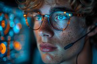 Young Caucasian woman with freckles and glasses in dramatic blue and orange lighting, close-up portrait showing intense gaze and headset microphone for customer service.