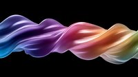 Colorful flowing abstract wave form with gradient transitions from blue to purple, pink, orange and yellow on black background, isolated design element.