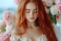 Young redhead woman with flowing hair in white lace dress surrounded by pink and white peonies for romantic wedding or beauty portrait photography.